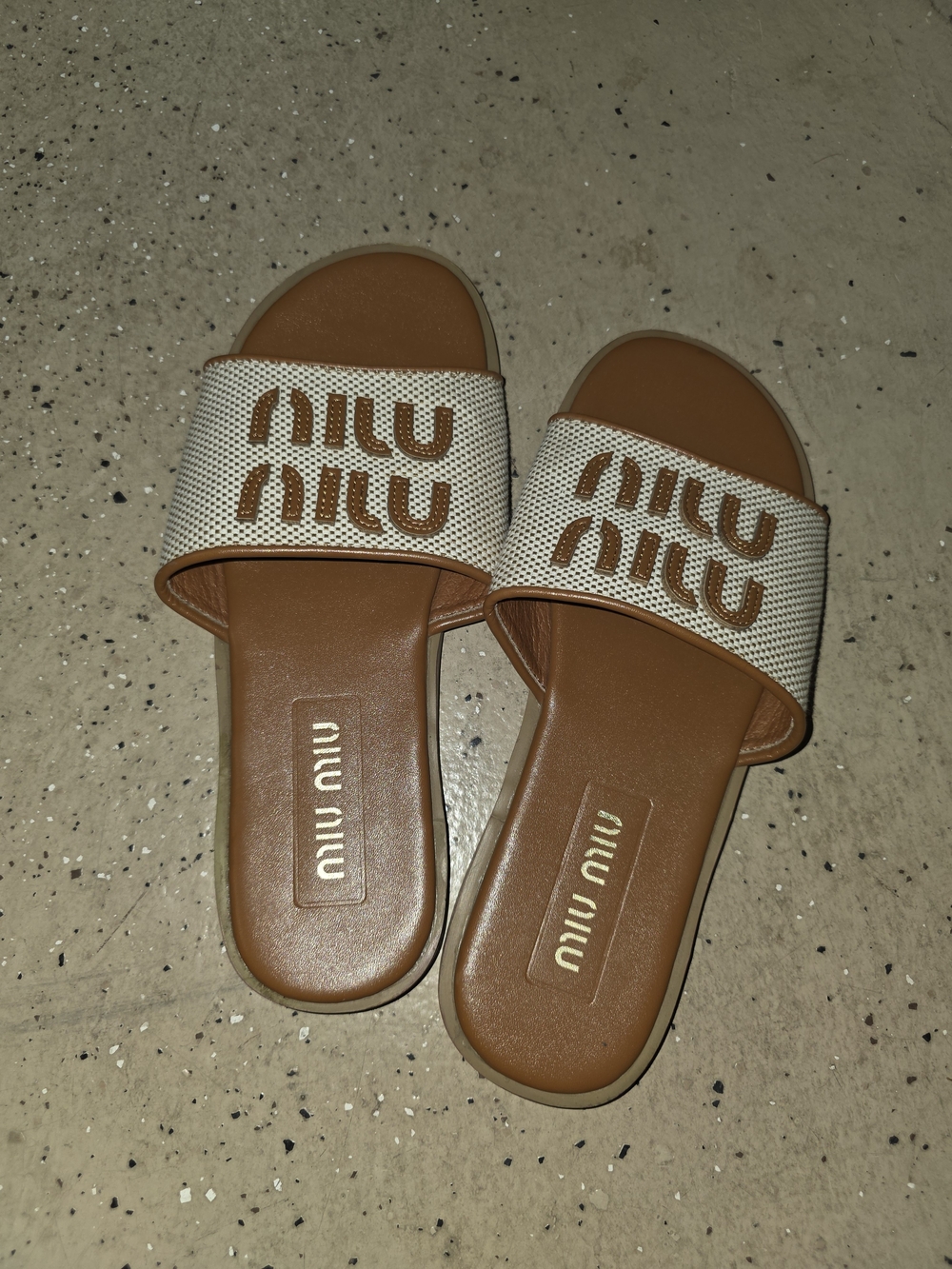 Miu Miu Brown and White Logo Slide Sandals